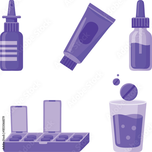 Liquid medicine and topical healthcare treatment icon set