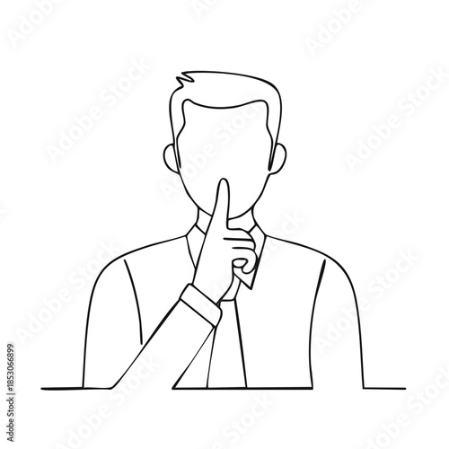 Man in formal attire holding finger to lips concept of silence and discretion black and white outline illustration