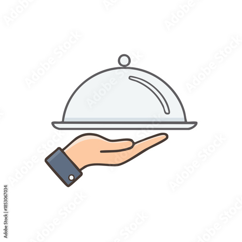 Illustration of a hand holding a silver serving platter with a dome cover isolated on white symbolizing hospitality