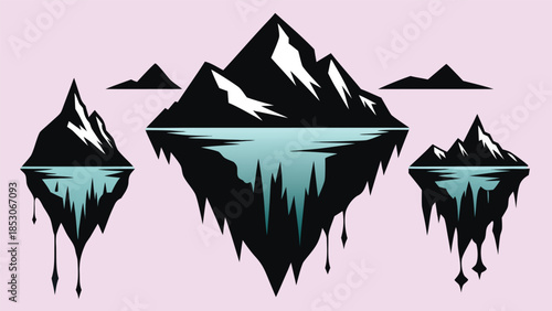 Stylized black icebergs with blue water reflections