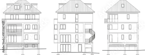Modern residential house elevation drawings showing front, side, and rear views, architectural line art illustration for construction and real estate projects