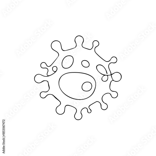 Minimalist single line drawing of a virus, microorganism, black outline on white, bacterial cell, microscopic germ illustration