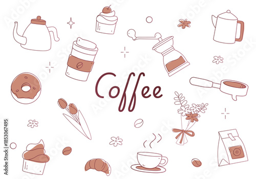 A simple, hand-drawn line illustration showing the silhouette of a cat sitting next to an espresso pot, with the word "coffee" beside it.