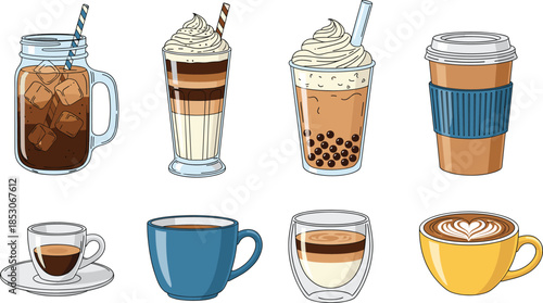 Assorted coffee beverages set including iced drinks latte cappuccino espresso and takeaway cups in detailed flat vector illustration