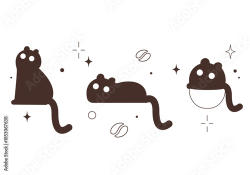 A simple, hand-drawn line illustration showing the silhouette of a cat sitting next to an espresso pot, with the word "coffee," a heart, and a star on a white background.