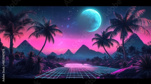 Retro futuristic tropical landscape with vibrant pink and blue hues, palm trees, mountains, and a large moon.