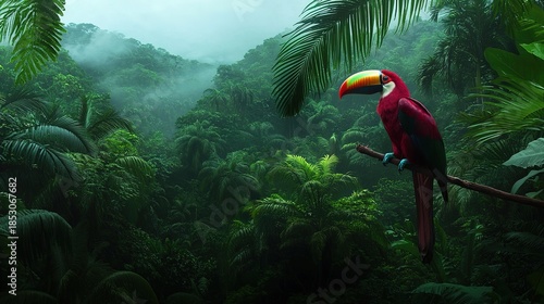 A dramatic rainforest scene with mist hanging in the air and a toucan perched on a branch