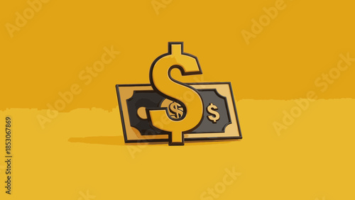 A golden dollar sign icon stands prominently in front of a black banknote with a dollar symbol, set against a vibrant yellow background.