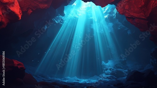A dramatic underwater cave with divers exploring and light beams breaking through the water