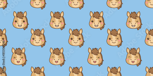 Seamless pattern of cute kawaii horse face cartoon, vector illustration