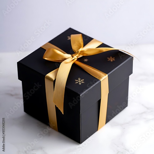 Luxurious Black Present Box with Gold Satin Ribbon and Snowflake Accents on White Marble Background