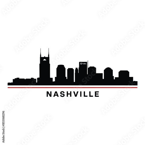 Nashville skyline illustration with a red line and city name below