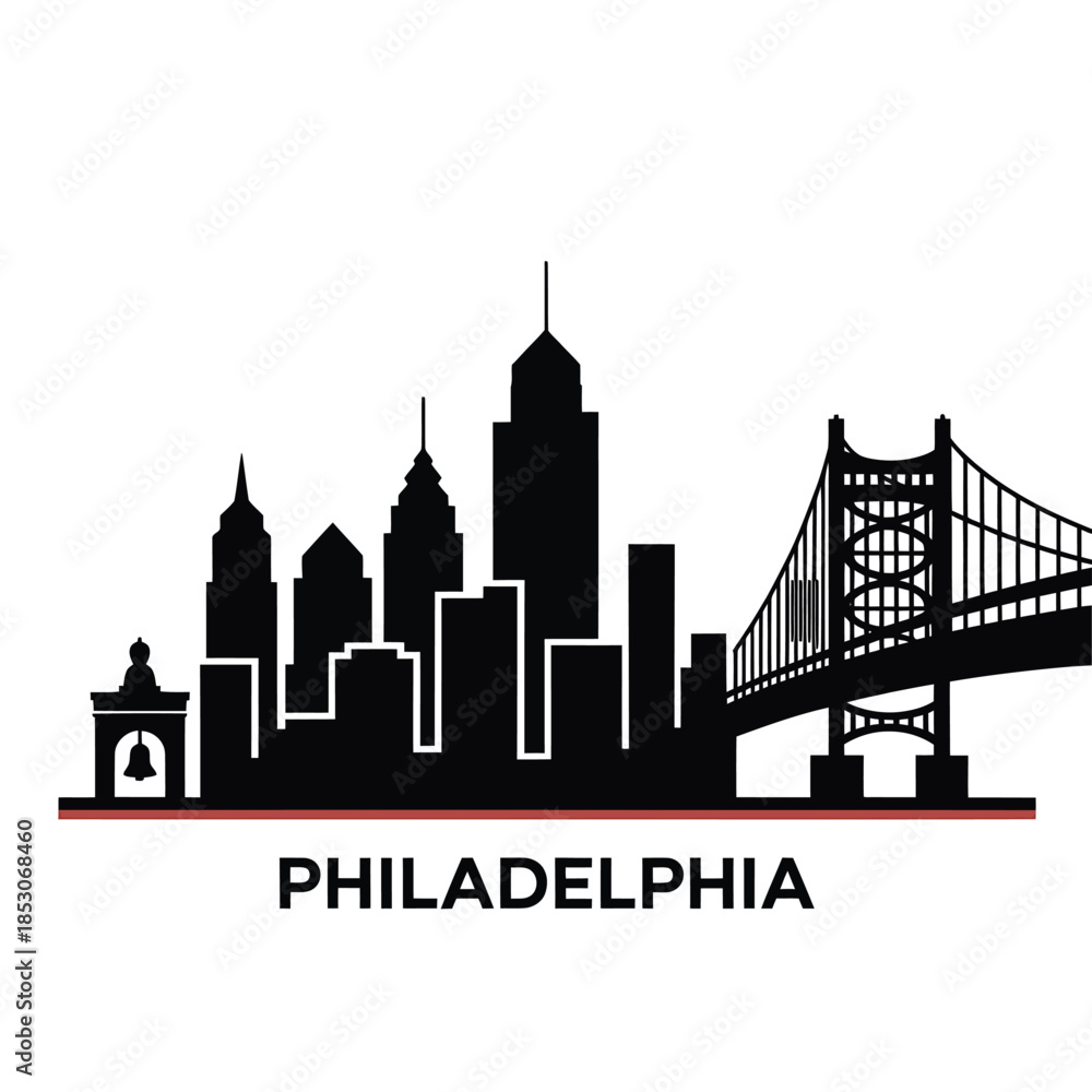 Fototapeta premium Philadelphia skyline featuring iconic landmarks in a striking silhouette design
