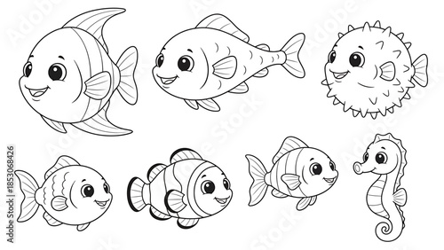 A diverse group of marine animals including fish and seahorses swimming together in the ocean