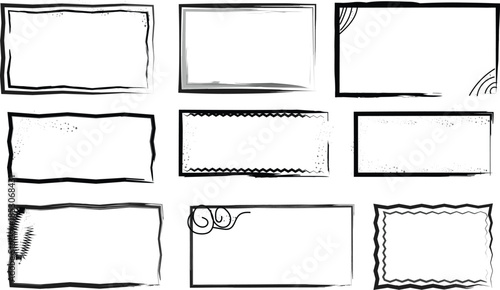 Artistic set of nine hand drawn grunge rectangle borders and decorative frames with ink brush strokes for photo edges and scrapbook designs