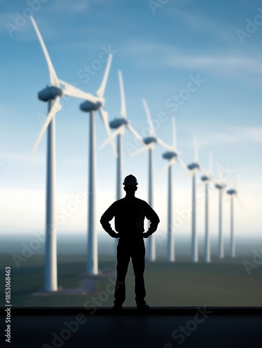 Silhouette Engineer in Hard Hat Overlooking Row of Wind Turbines at Renewable Energy Farm