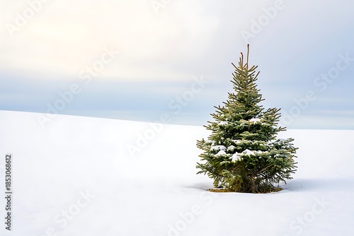 Lone Snow Covered Evergreen Tree in Minimal Winter Landscape under Soft Pastel Sky