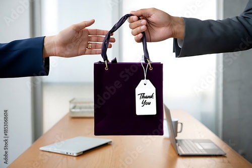 Colleagues Exchanging Purple Appreciation Gift Bag with Thank You Tag in Modern Office Meeting Room