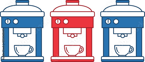 Coffee machine flat icon set with cup representing espresso brewing cafe equipment and modern kitchen appliance design