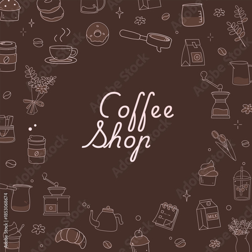 A complete set of simple, hand-drawn line illustrations depicting a coffee shop with all the necessary equipment, including a coffee grinder, coffee pot, pastries, donuts, and flowers, all presented i