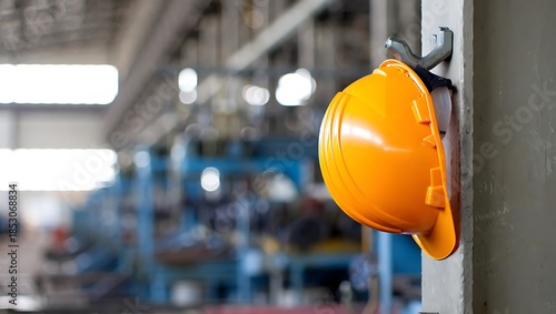 Bright Orange Safety Hard Hat Hanging on Concrete Pillar in Modern Industrial Factory