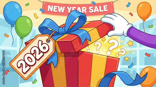 New Year Sale 2026 promotion with surprise gift box balloons and festive celebration illustration