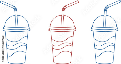 Takeaway drink cups line art set with straw lids representing cold beverages cafe packaging and minimal outline vector design