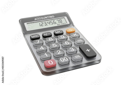 Close up of a modern gray accounting calculator with a digital display showing 12345678 and various buttons for calculation and memory functions isolated on a Transparent background