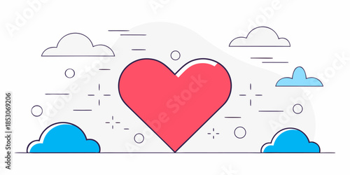 A 3d vector illustration of a heart icon in the blue sky represents a cloud computing network and mobile data communication symbol for web technology