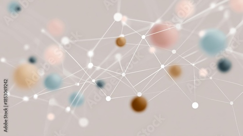 Abstract illustration featuring interconnected spheres and lines in soft pastel colors, creating a dynamic visual representation of networking and connectivity concepts with copy space