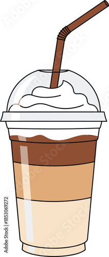 Iced coffee takeaway cup with whipped cream and straw representing cold beverage cafe drink flat vector illustration