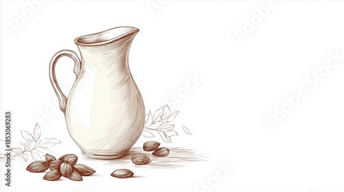 Elegant ceramic pitcher with almonds scattered around, surrounded by delicate leaves, showcasing a rustic kitchen atmosphere with ample copy space for design purposes