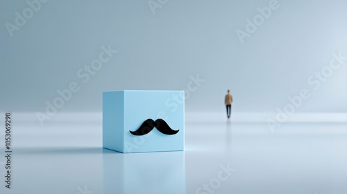 A blue cube with an image of a black mustache stands out strikingly in the minimalist interior, and a small male figure approaches it, in support of the fight against prostate cancer during November.