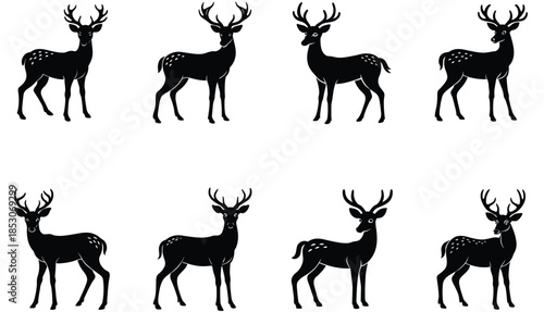 Deer silhouettes vector set illustration. deer silhouette icon bundle