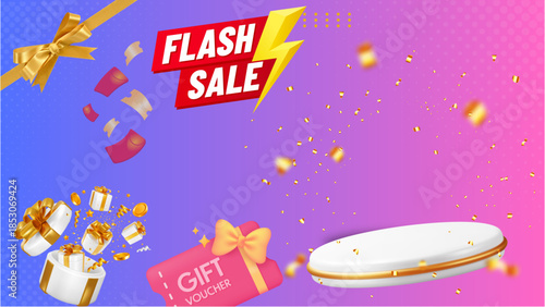 Product display stand with promotional images. Suitable for posters, banners for mega sales, flash sales, grand openings, and discounts.