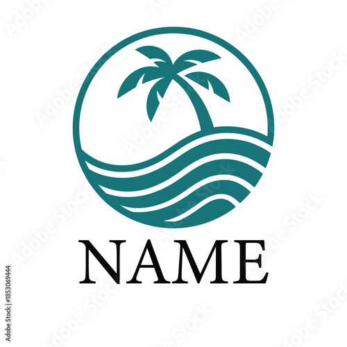 Summer holiday tropical beach background with palm trees sun ocean waves and travel logo design