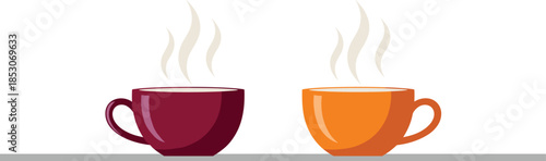 Two steaming coffee cups on table representing hot beverages morning routine cafe lifestyle and cozy flat vector illustration