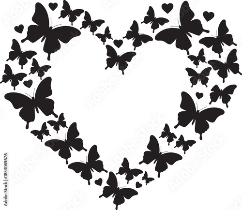 Heart shape made of butterflies and hearts in flight