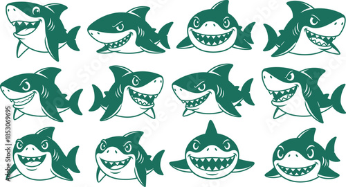 Green cartoon shark vector set with expressive characters showing playful, fierce, and funny moods for kids and ocean themes. 