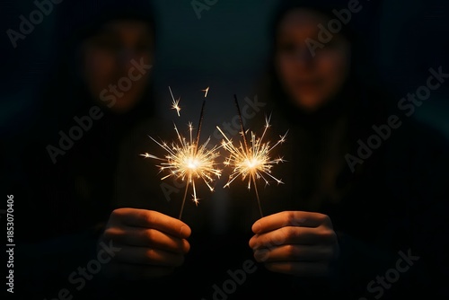 Sparklers in Hands with Blurred People and Warm Holiday Lights at Night