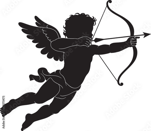 Vector illustration of a silhouette Cupid archer with a bow and arrow, a cartoon angel boy and warrior of love for Valentine heart art
