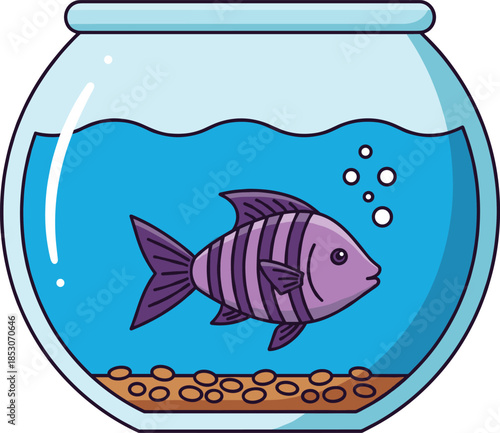 Cute cartoon fish in glass aquarium bowl representing pet care underwater life and home decoration flat vector illustration