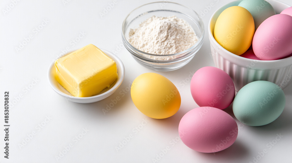Obraz premium Flour, egg, flour. Ingredients for Easter baking. Easter brunch.