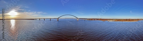 Wide panoramic view of Fehmarnbelt bridge across Baltic Sea