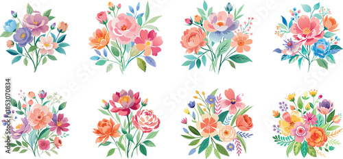Collection of eight delicate watercolor floral bouquets featuring colorful blossoms and green foliage