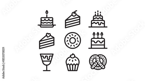 Assorted dessert icons in minimalist style with black outline on white background for bakery branding