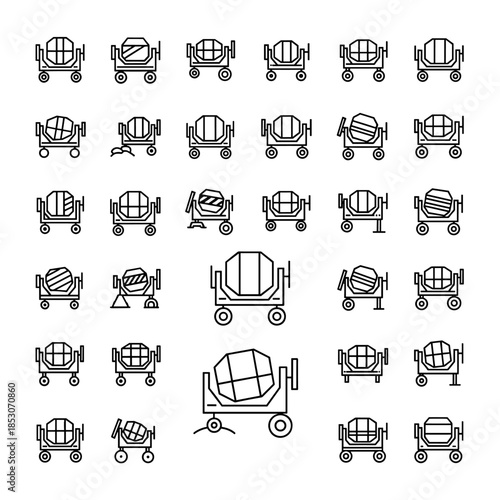 Collection of Concrete Mixer Icons Set Vector Outline Style Various Types and Perspectives
