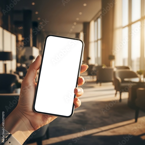 Hand holding blank screen smartphone in lobby mockup