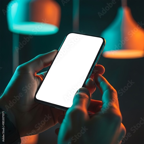 Person holding a smartphone with blank screen in dimly lit room