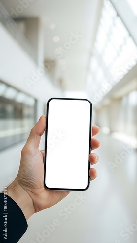 Hand holding blank white screen smartphone in modern hallway
